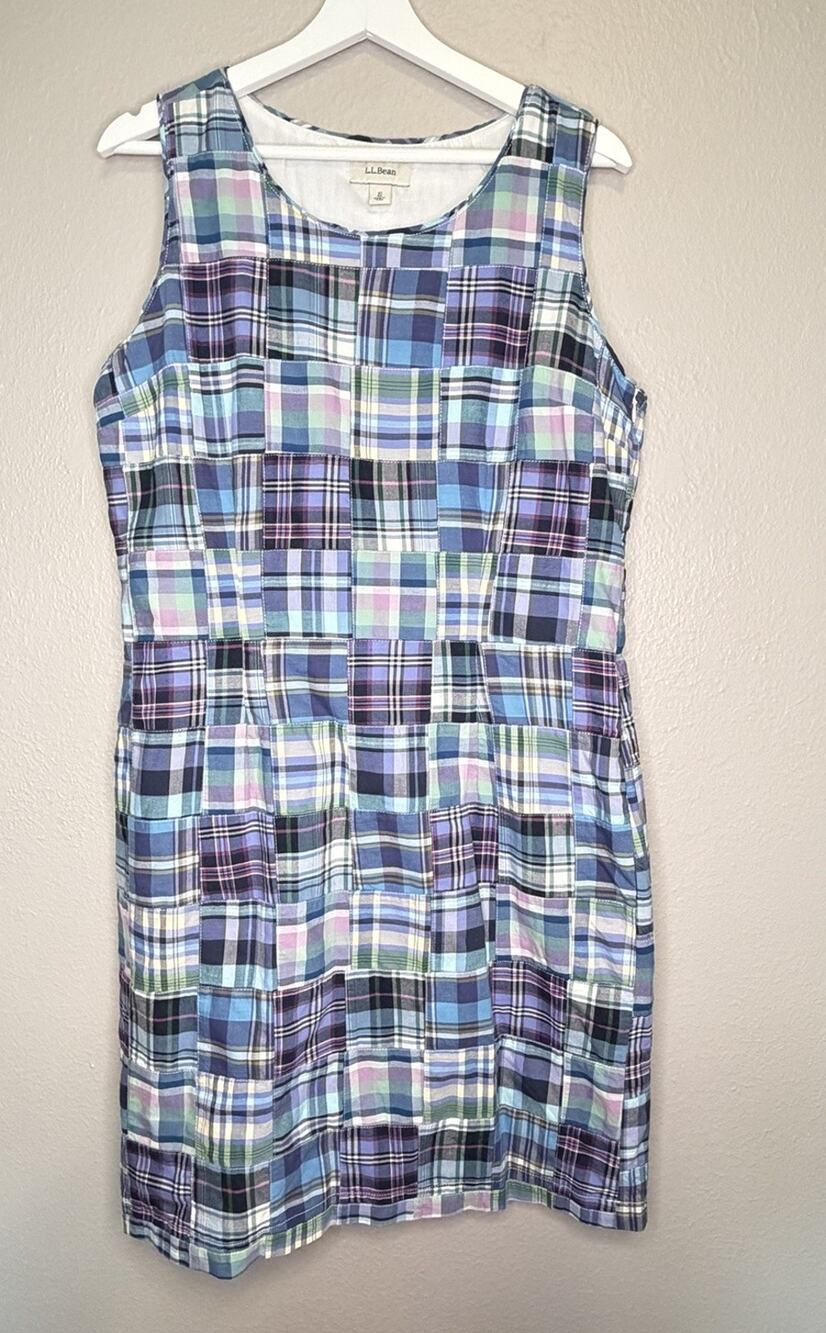 LL BEAN Plaid Quilted Patchwork Deconstructed Preppy Shift Dress Women’s Sz 10